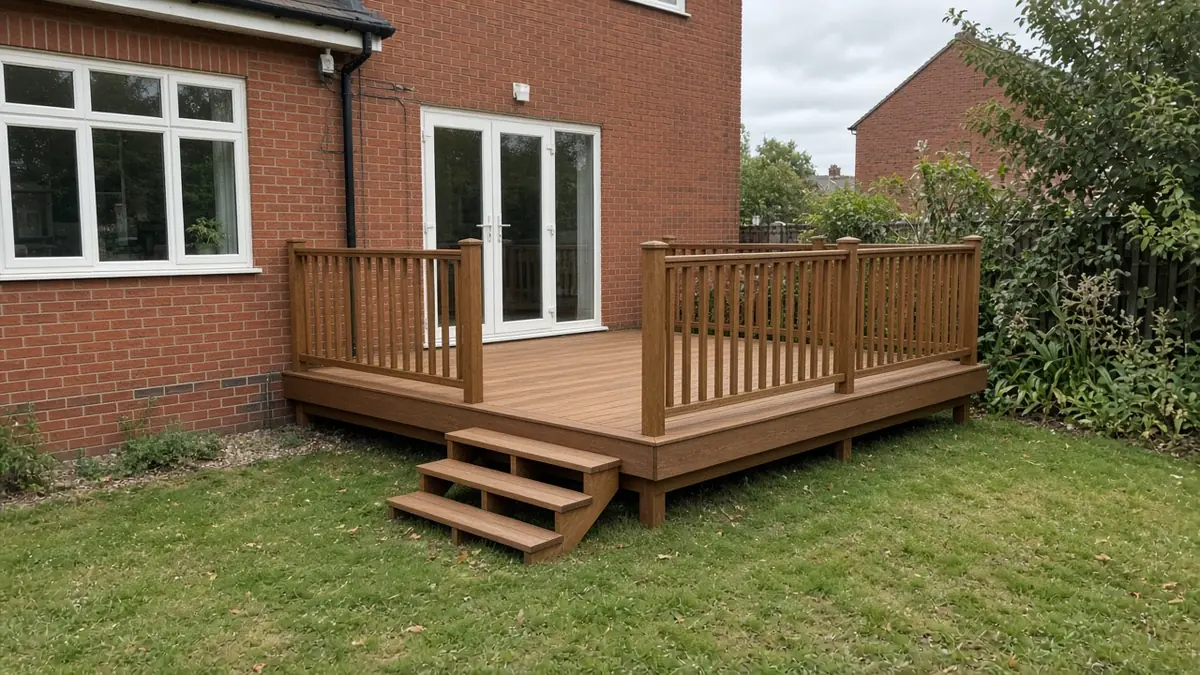 Example image: raised deck with a timber spindle balustrade and three steps down to the lawn behind a brick house
