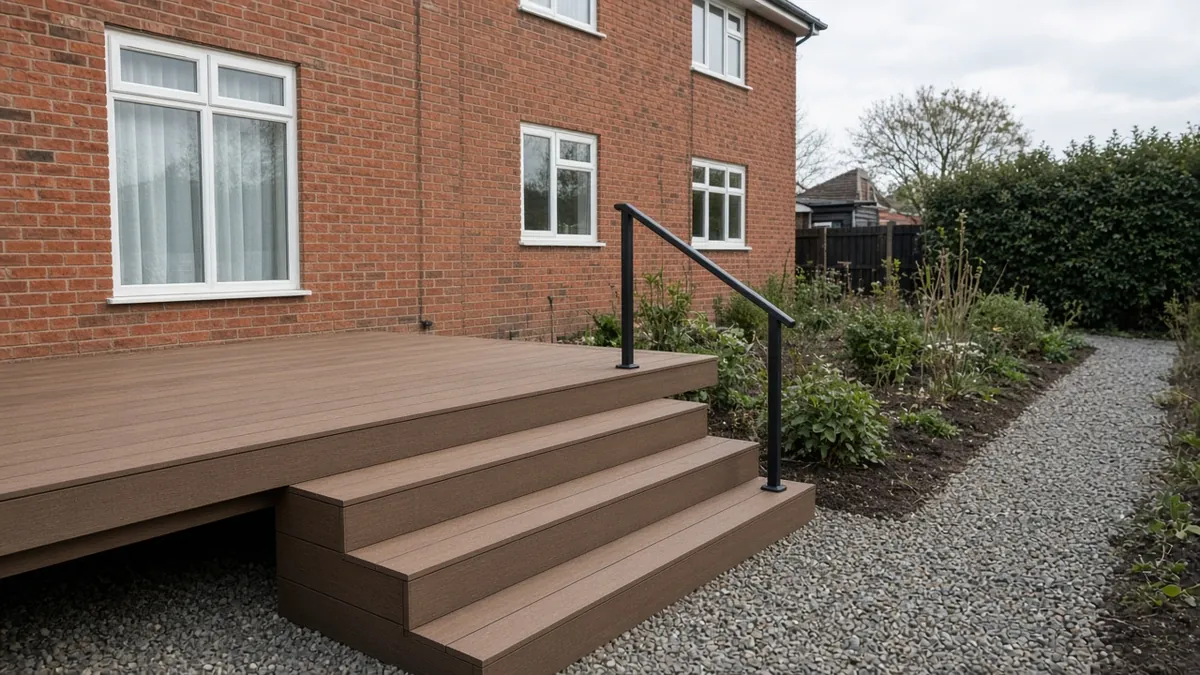 Example image: three broad composite steps with closed risers leading from a deck to a gravel path