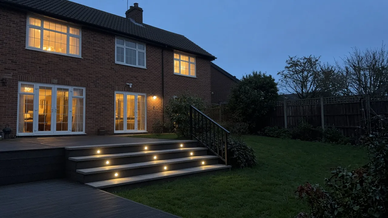 Example image: deck steps with small LED lights in the risers at dusk
