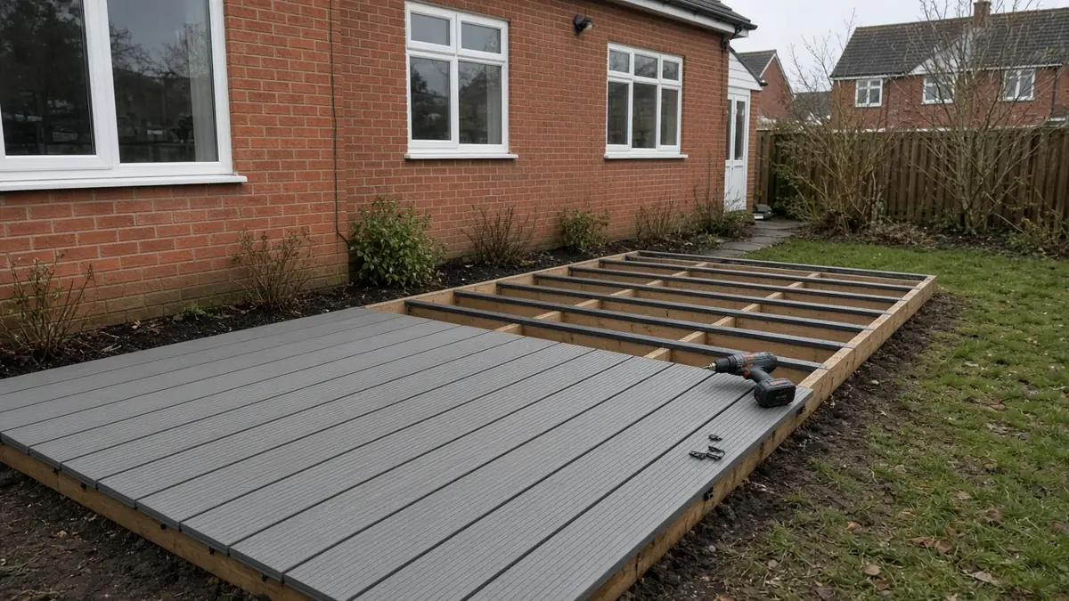 Example image: grey composite boards being laid on a timber joist frame behind a red-brick house