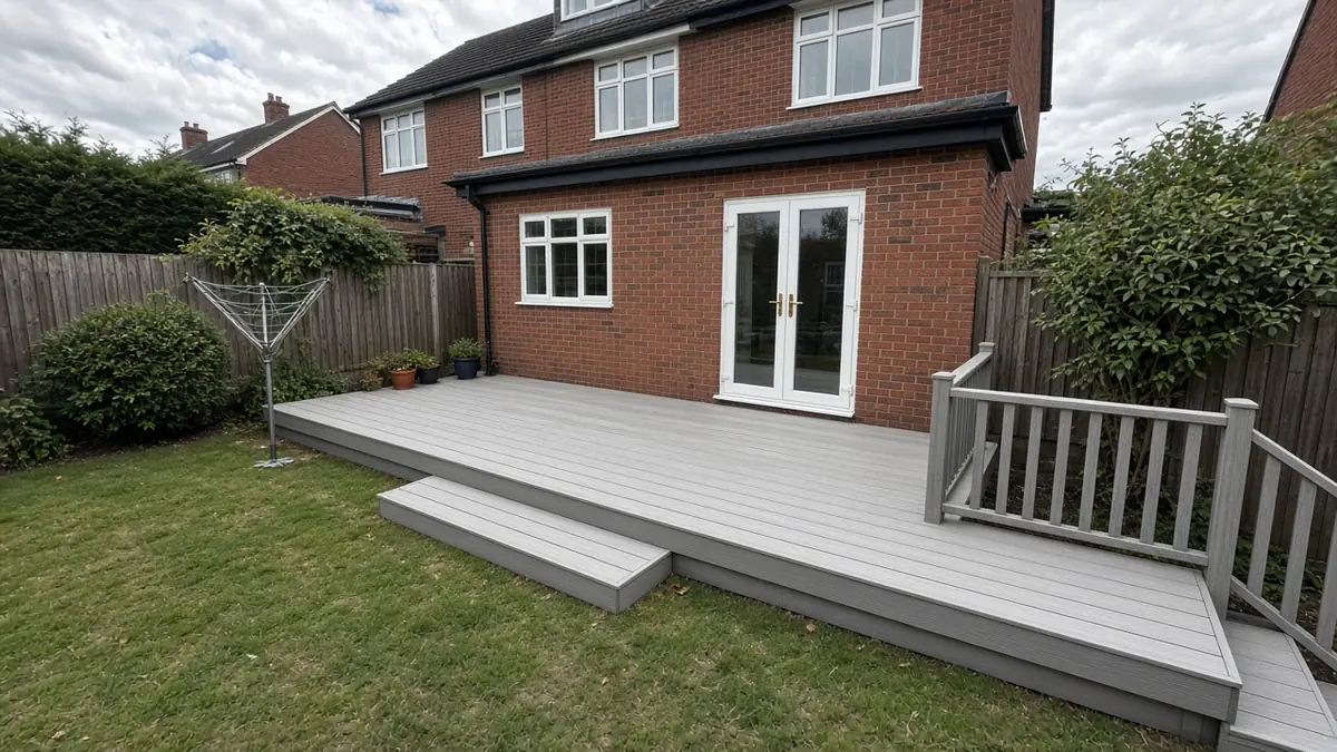 Example image: silver-grey composite deck wrapping round a single-storey extension behind a semi
