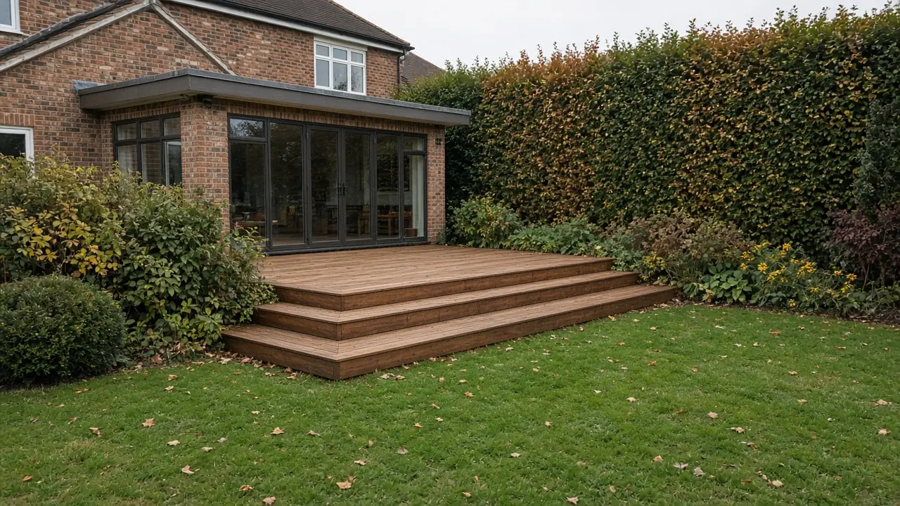 Example image: hardwood deck with broad steps beside a large detached house in Marton