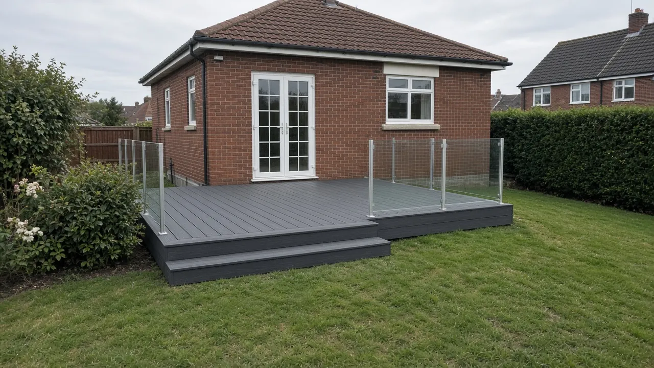 Example image: grey composite deck stepping down from a 1930s semi into a sloping garden