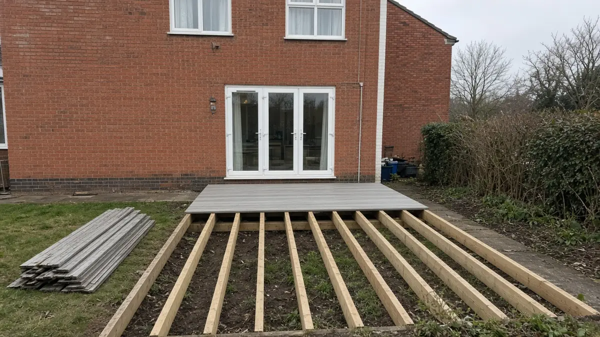 Example image: old deck boards stripped back to sound joists with new composite boards being laid