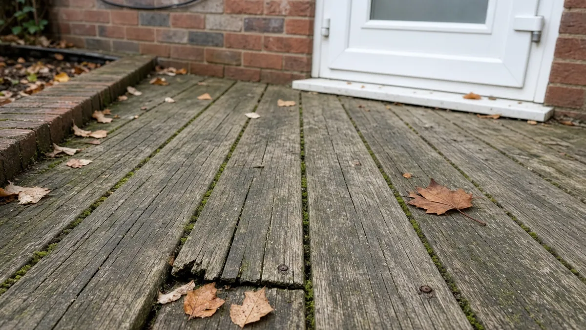 Example image: weathered softwood deck boards with splits and moss in the gaps by a back door