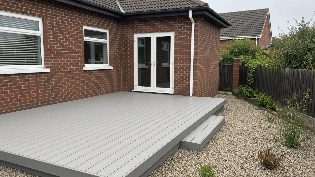 Example image: new composite deck boards on an existing frame outside a semi