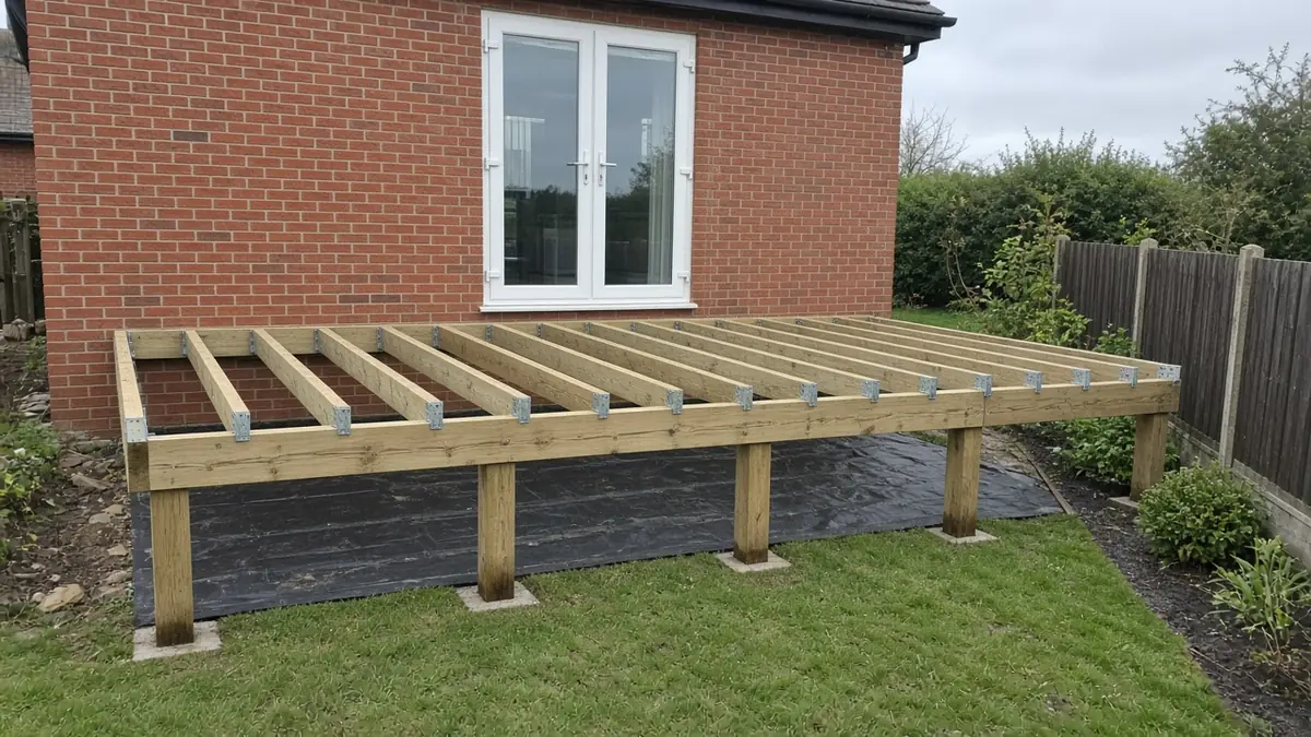 Example image: raised deck subframe with joists on vertical posts and concrete pads behind a red-brick house