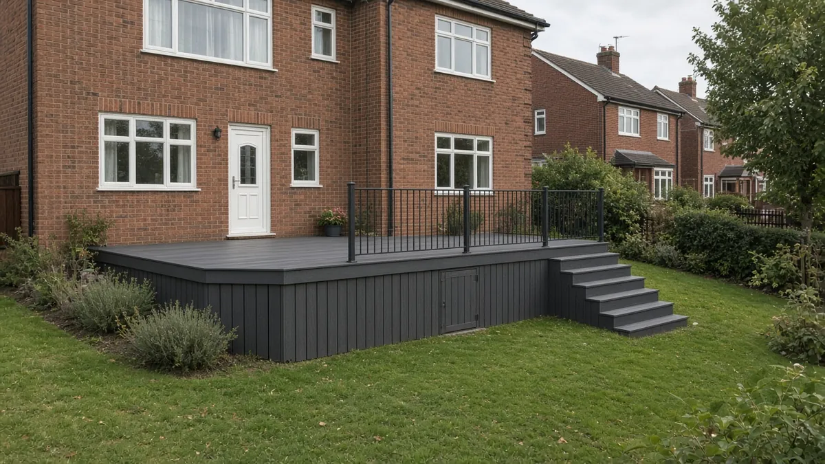 Example image: raised deck on a sloping garden with slatted cladding and a small store door underneath