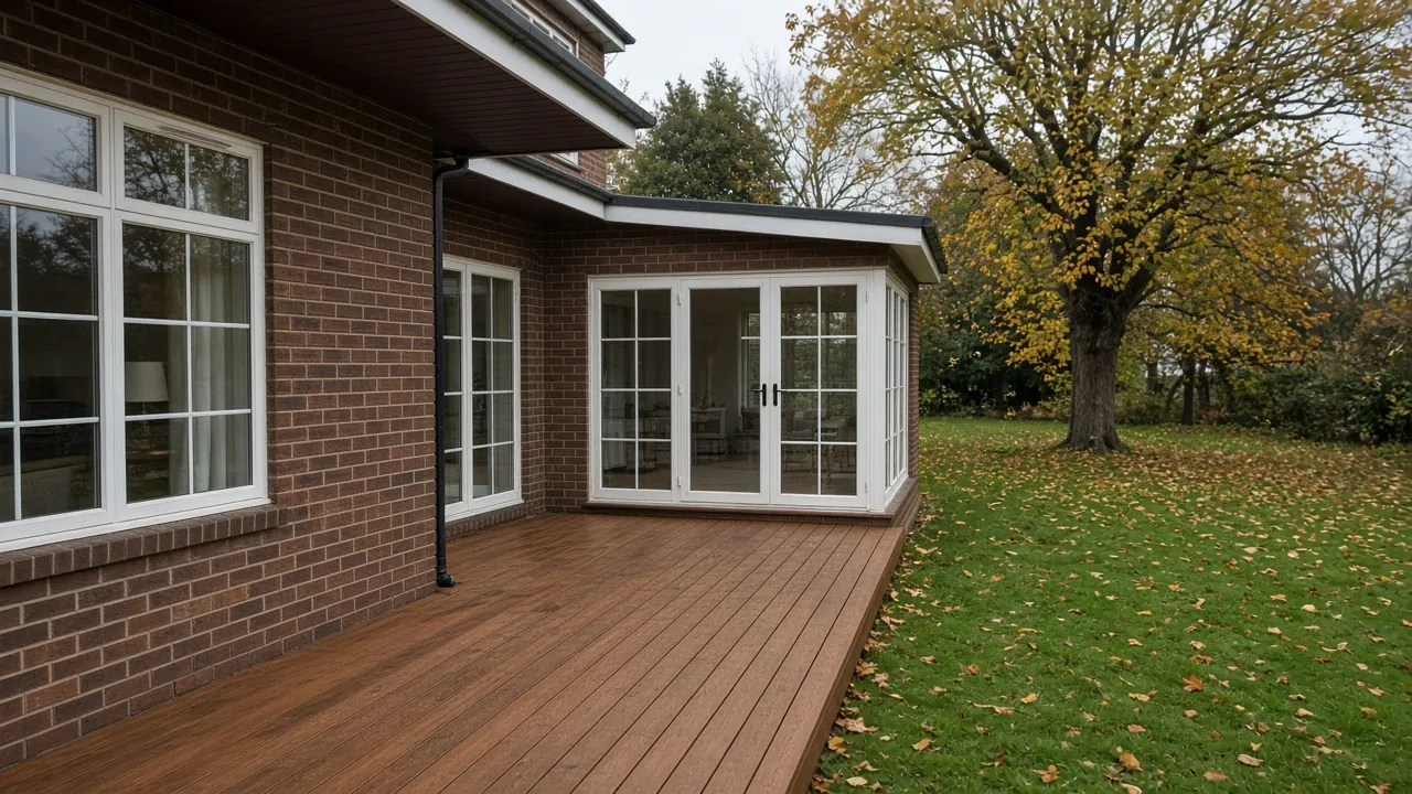 Example image: oiled hardwood deck outside a detached house with a lawn beyond