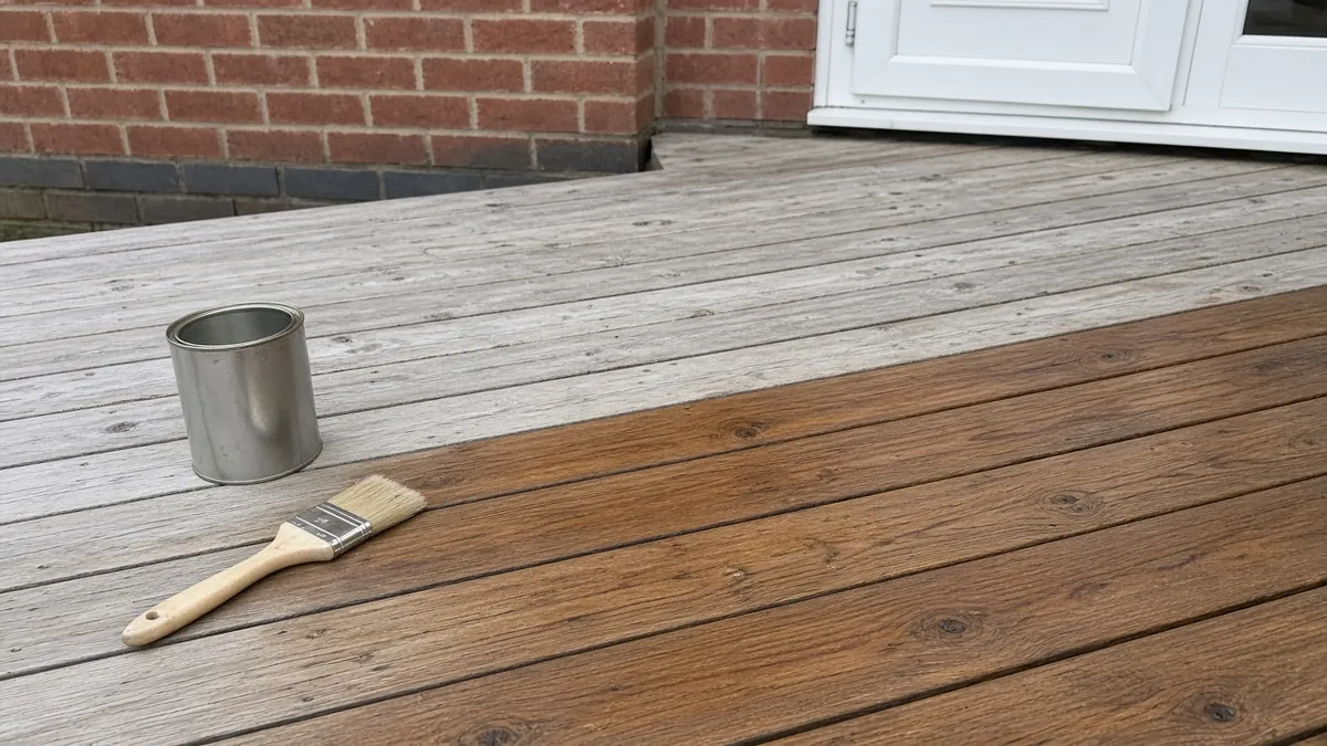 Example image: weathered softwood deck boards half re-oiled, showing the change in colour