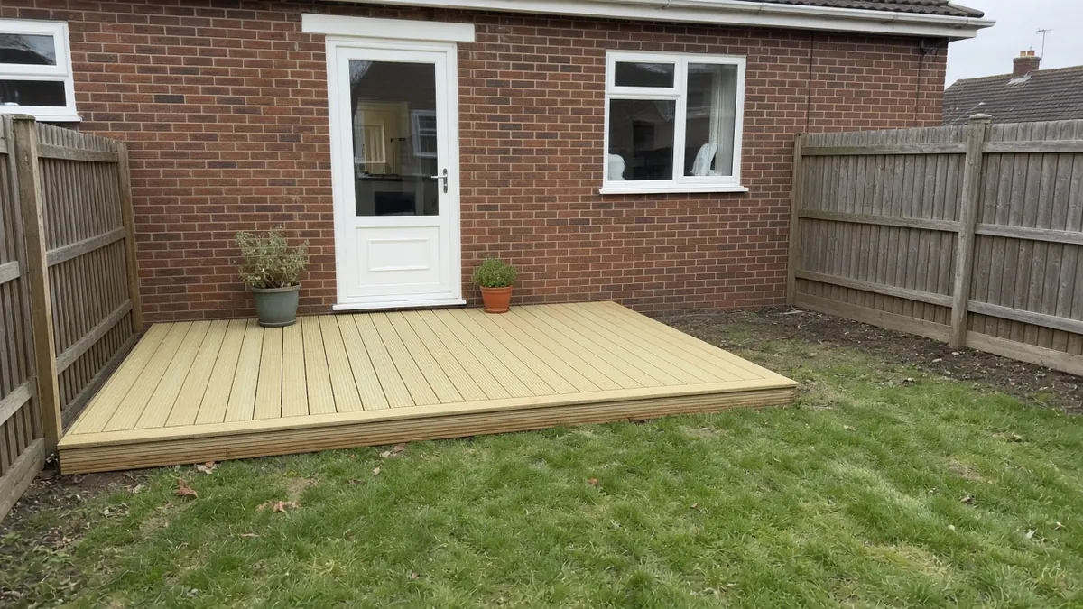 Example image: new pressure-treated softwood deck outside the back door of a brick house