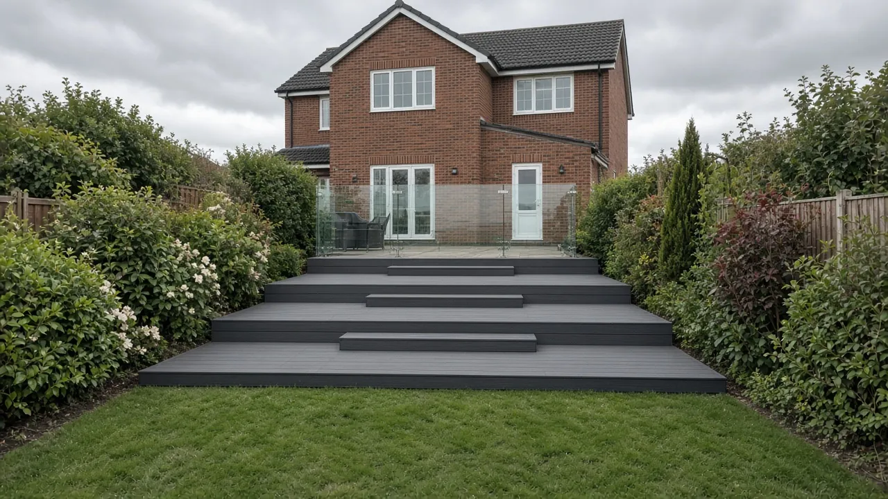 Example image: stepped composite decks following a sloping garden in three levels